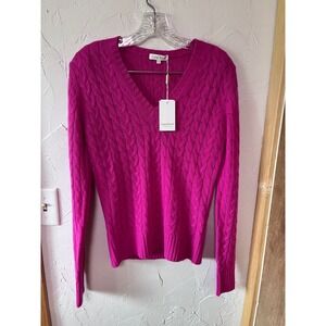 Lona Scott Cerise Pink 100% Pure Cashmere Cable Knit V-Neck‎ Sweater Size M 40